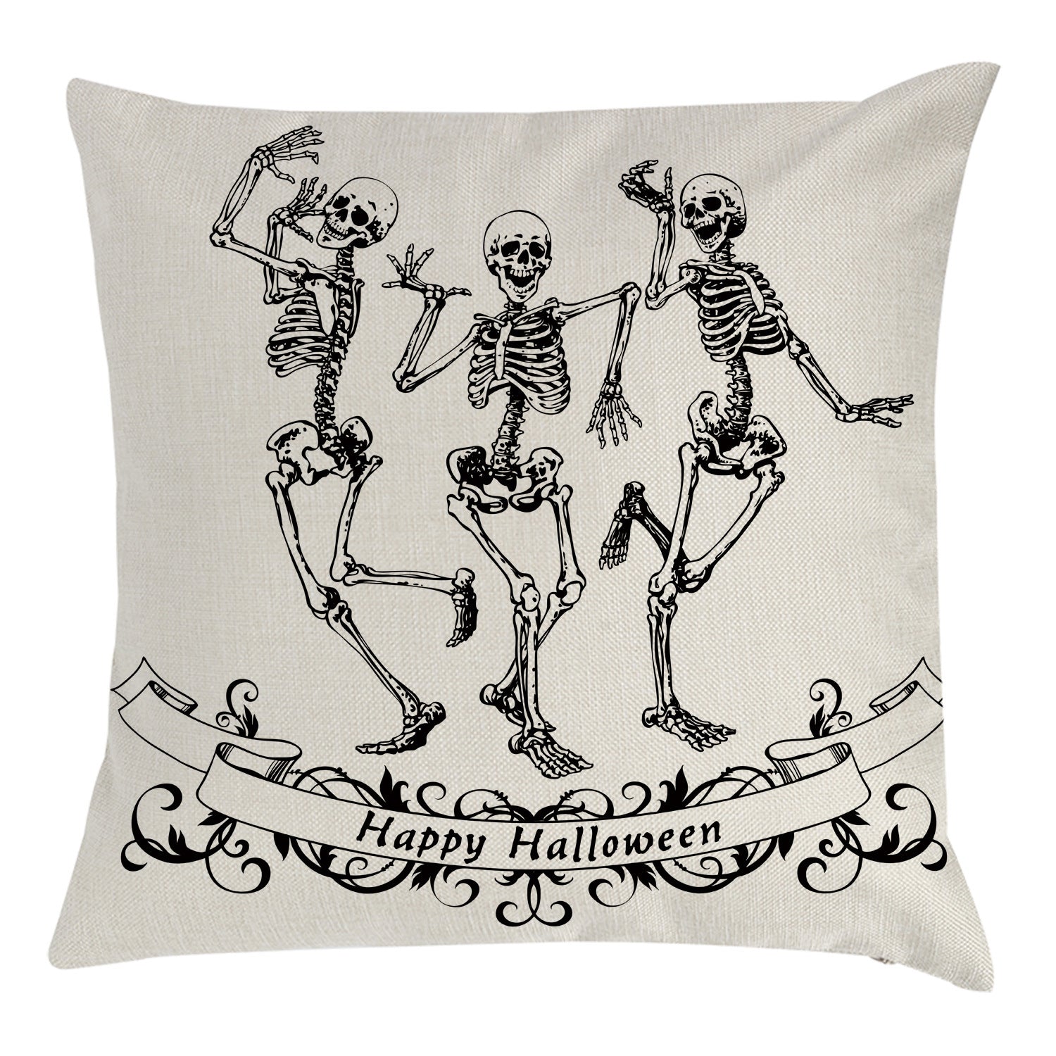 KTX-794963 Halloween Themed Pillow Cover with Skull and Pumpkin Designs - 45x45cm Linen Cushion Case