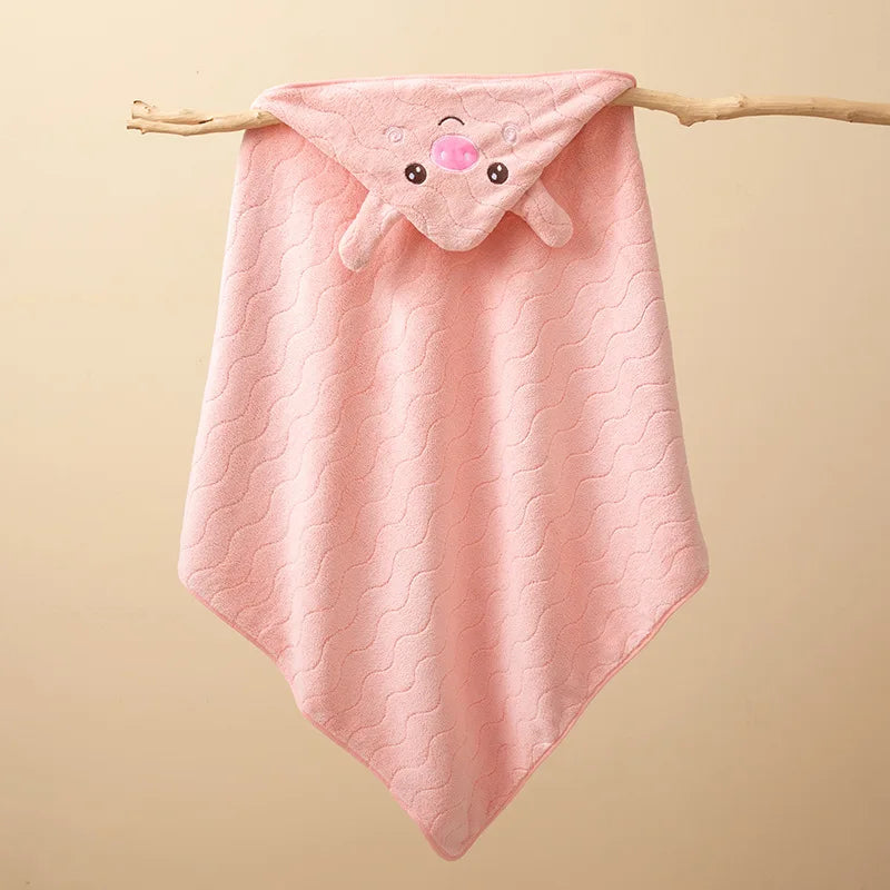 KTX-794963 Soft Coral Fleece Cartoon Hooded Baby Bath Towel, 105*105cm Animal Print, Super Absorbent