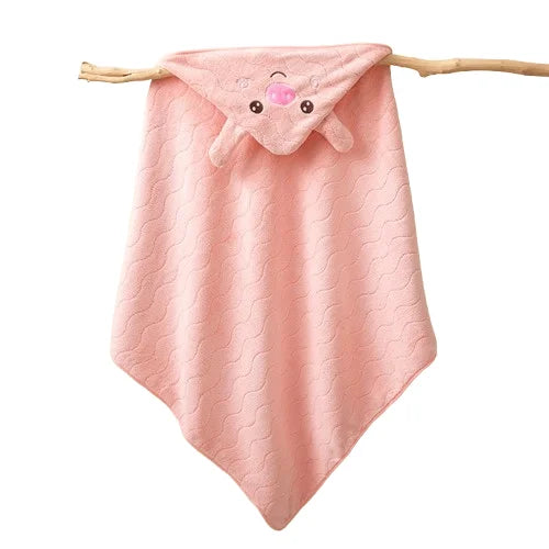 KTX-794963 Soft Coral Fleece Cartoon Hooded Baby Bath Towel, 105*105cm Animal Print, Super Absorbent