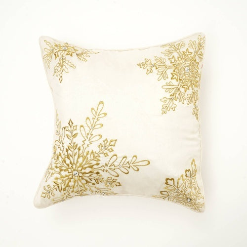 KTX-795091 Elegant Snowflake Embroidered Polyester Throw Pillow with Bead Detailing