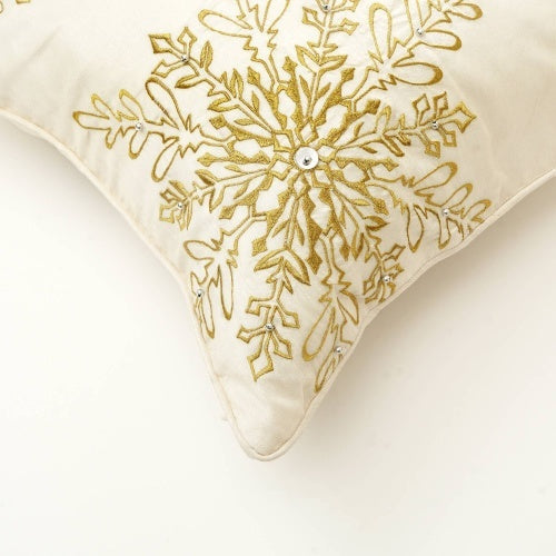 KTX-795091 Elegant Snowflake Embroidered Polyester Throw Pillow with Bead Detailing