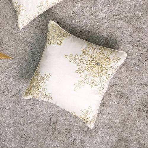 KTX-795091 Elegant Snowflake Embroidered Polyester Throw Pillow with Bead Detailing