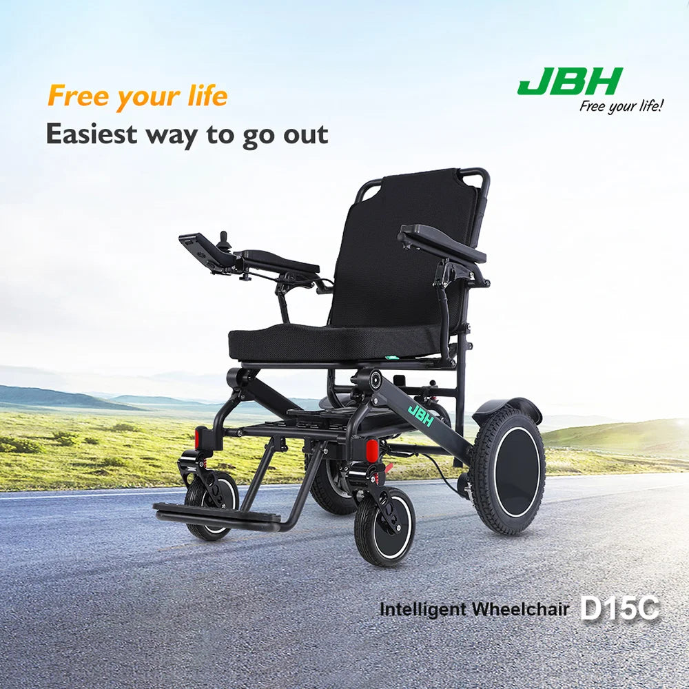 KTX-795155 D15C Motorized Folding Electric Wheelchair - Black, Metal Frame, 20km Range, 6 km/h Speed