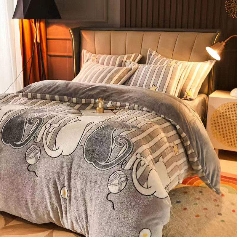 KTX-795283 Warm Carved Crystal Velvet Four-Piece Bed Sheet Set with Flannel Blanket in Light Gray