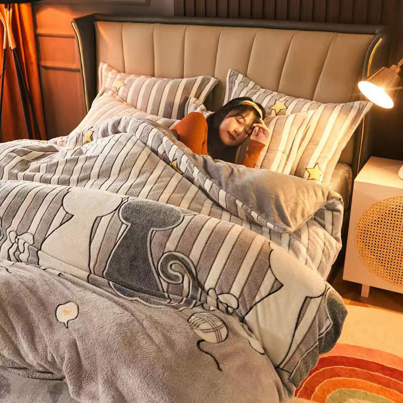 KTX-795283 Warm Carved Crystal Velvet Four-Piece Bed Sheet Set with Flannel Blanket in Light Gray