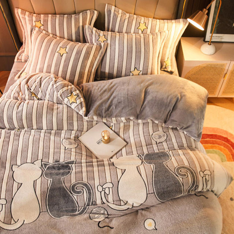 KTX-795283 Warm Carved Crystal Velvet Four-Piece Bed Sheet Set with Flannel Blanket in Light Gray