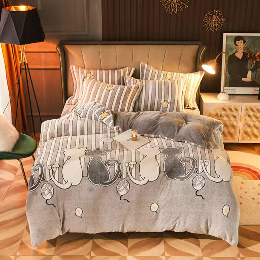 KTX-795283 Warm Carved Crystal Velvet Four-Piece Bed Sheet Set with Flannel Blanket in Light Gray