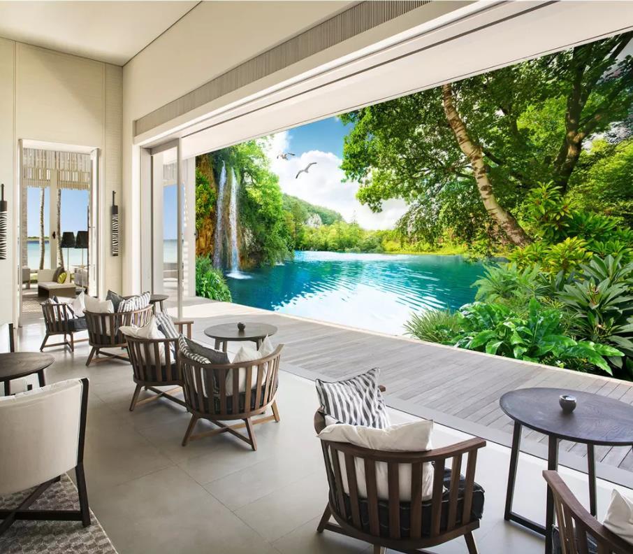 KTX-795987 3D Customizable Landscape Wallpaper for Living Room - Waterfall Scenery Background