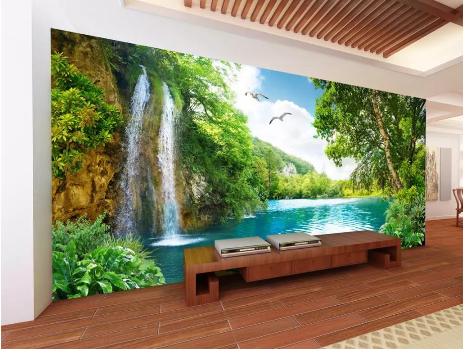 KTX-795987 3D Customizable Landscape Wallpaper for Living Room - Waterfall Scenery Background