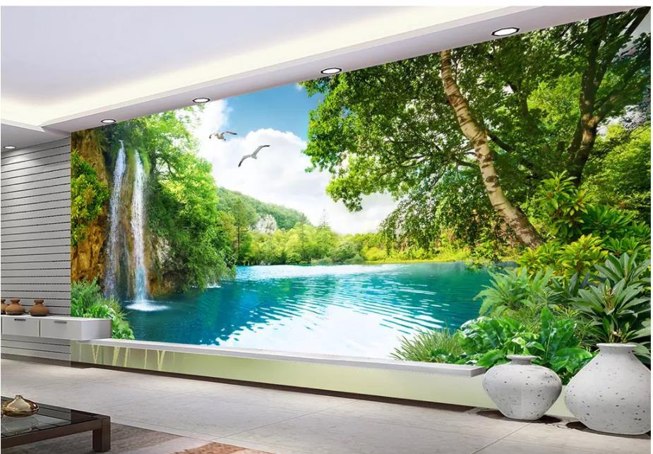 KTX-795987 3D Customizable Landscape Wallpaper for Living Room - Waterfall Scenery Background