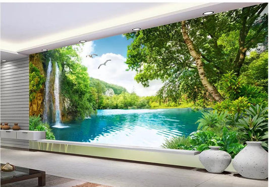 KTX-795987 3D Customizable Landscape Wallpaper for Living Room - Waterfall Scenery Background