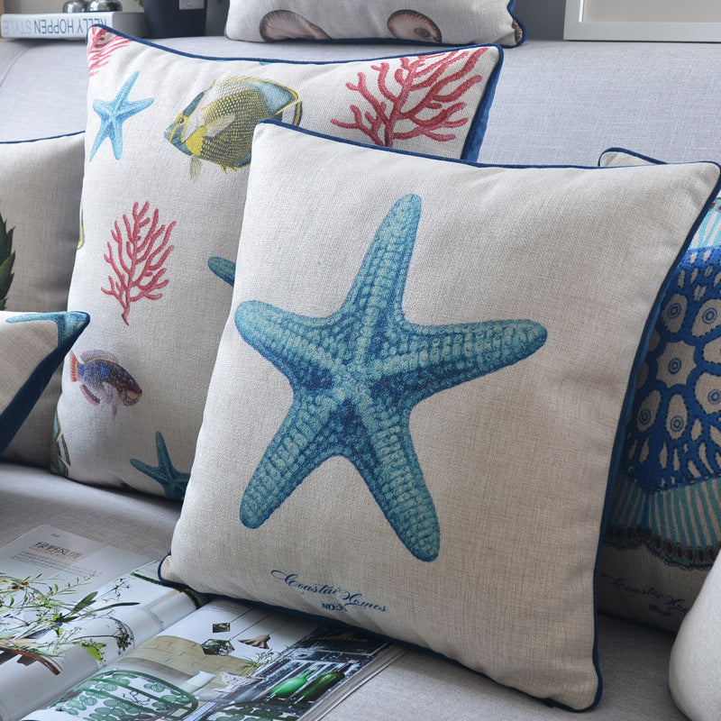 KTX-796243 Classical Seaweed Starfish Thick Cotton Linen Pillow Cover - Multiple Sizes Available