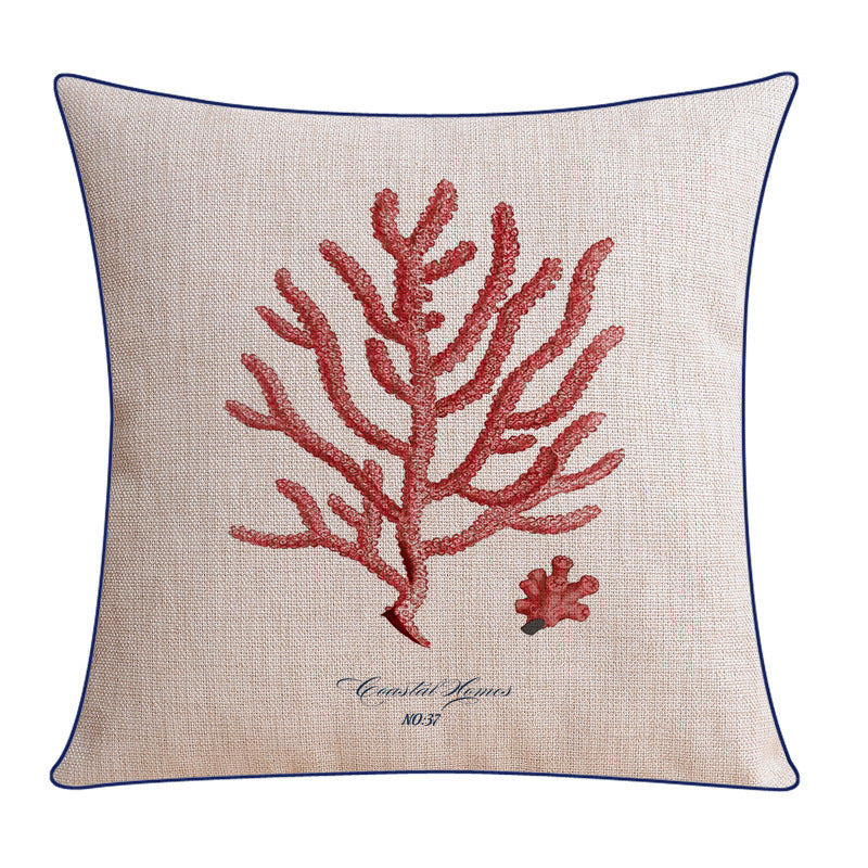 KTX-796243 Classical Seaweed Starfish Thick Cotton Linen Pillow Cover - Multiple Sizes Available