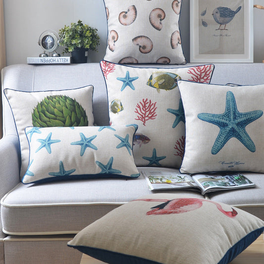 KTX-796243 Classical Seaweed Starfish Thick Cotton Linen Pillow Cover - Multiple Sizes Available