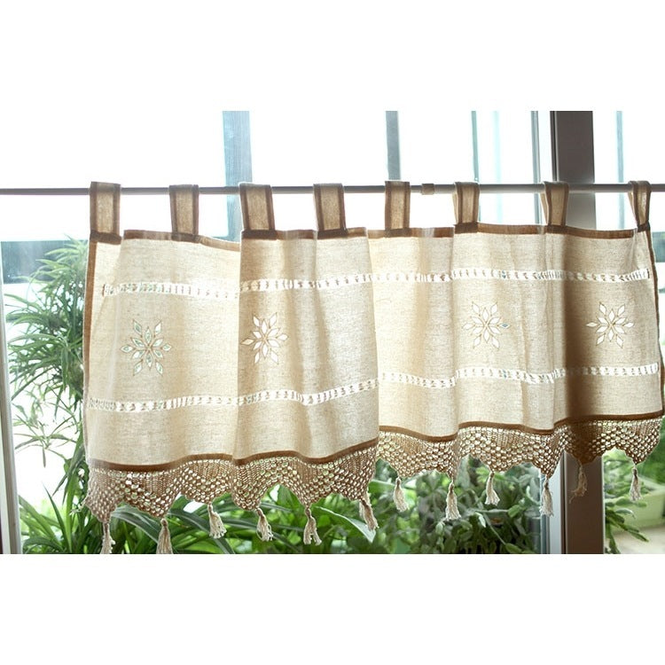 KTX-798291 Coarse Cotton Linen Crochet Coffee Rod Curtain - American Style, 150CM x 45CM, Ideal for Living Room, Bedroom, Balcony