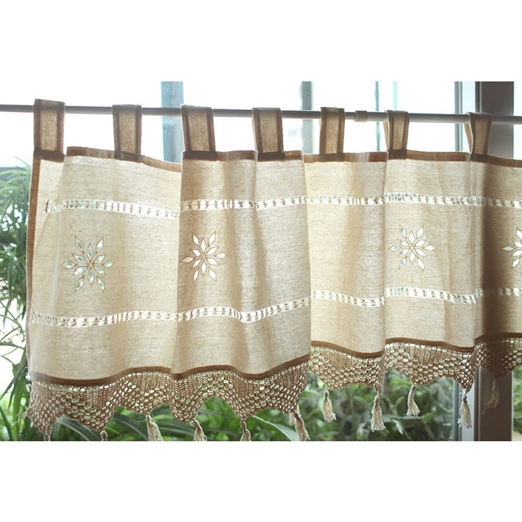 KTX-798291 Coarse Cotton Linen Crochet Coffee Rod Curtain - American Style, 150CM x 45CM, Ideal for Living Room, Bedroom, Balcony