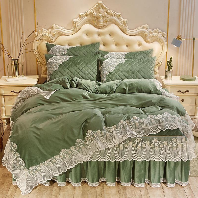 KTX-798739 Crystal Velvet Quilted Bed Skirt Set with Lace Embroidery - Four-Piece – Available in Multiple Colors