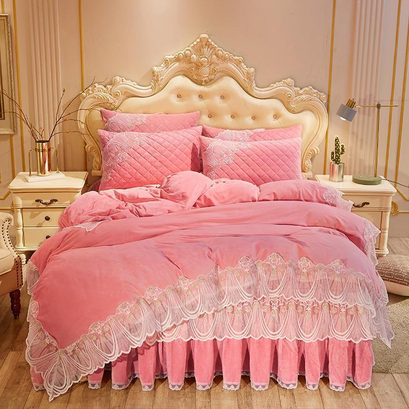KTX-798739 Crystal Velvet Quilted Bed Skirt Set with Lace Embroidery - Four-Piece – Available in Multiple Colors
