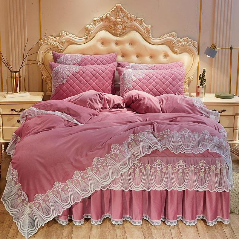 KTX-798739 Crystal Velvet Quilted Bed Skirt Set with Lace Embroidery - Four-Piece – Available in Multiple Colors