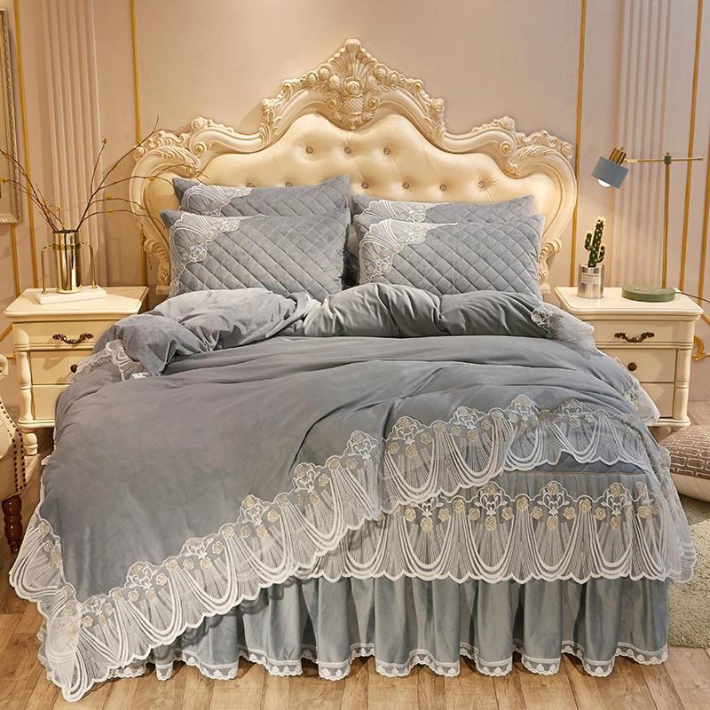KTX-798739 Crystal Velvet Quilted Bed Skirt Set with Lace Embroidery - Four-Piece – Available in Multiple Colors