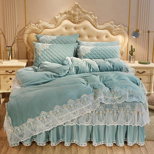 KTX-798739 Crystal Velvet Quilted Bed Skirt Set with Lace Embroidery - Four-Piece – Available in Multiple Colors