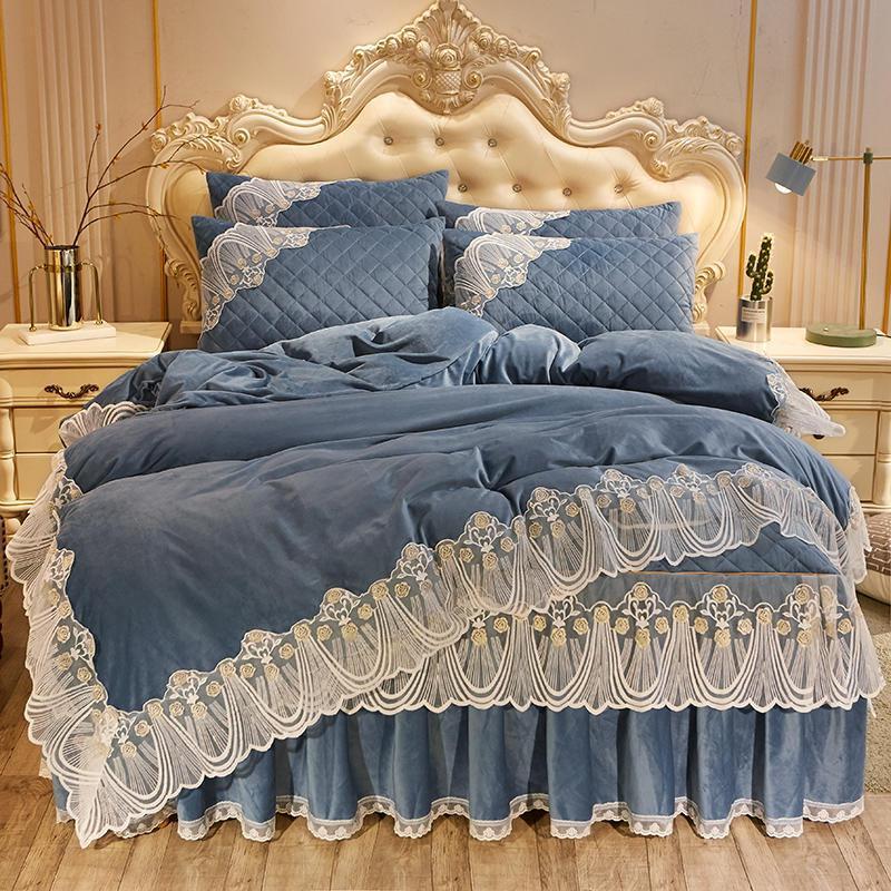 KTX-798739 Crystal Velvet Quilted Bed Skirt Set with Lace Embroidery - Four-Piece – Available in Multiple Colors