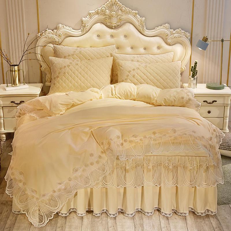 KTX-798739 Crystal Velvet Quilted Bed Skirt Set with Lace Embroidery - Four-Piece – Available in Multiple Colors