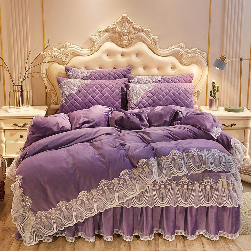 KTX-798739 Crystal Velvet Quilted Bed Skirt Set with Lace Embroidery - Four-Piece – Available in Multiple Colors