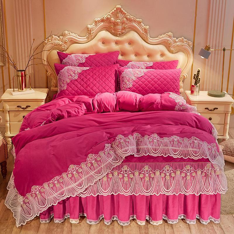 KTX-798739 Crystal Velvet Quilted Bed Skirt Set with Lace Embroidery - Four-Piece – Available in Multiple Colors