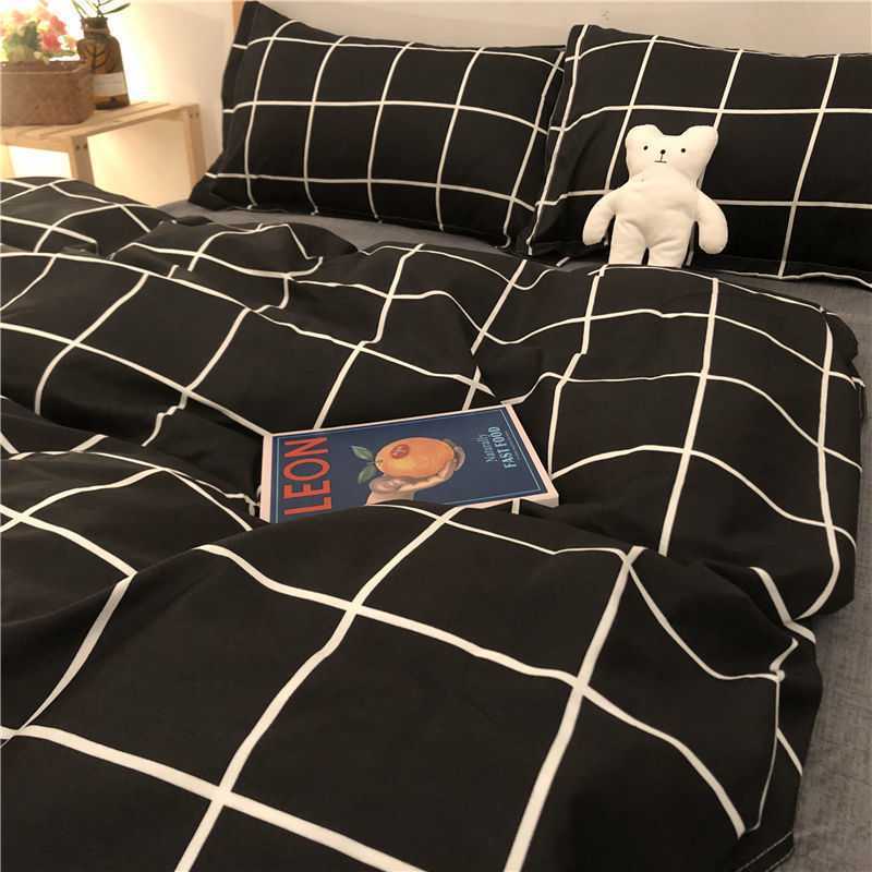 KTX-799059 Checkered Polyester Fiber Bedding Set, Includes Duvet Cover and Sheet, Four-Piece Collection