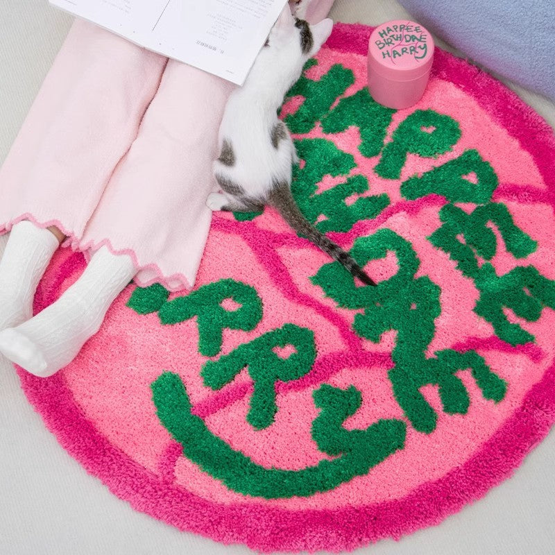 KTX-800787 Geometric Pattern Round Flocking Carpet in Haig Cake Color - 90x90cm Polyester Fiber Floor Mat