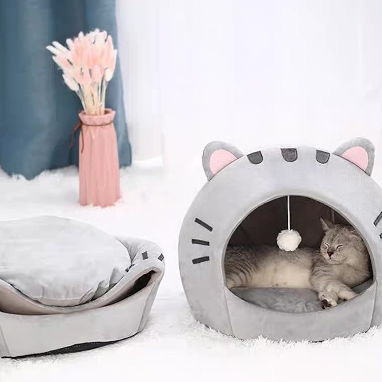 KTX-801171 Cozy Gray Polyester Cat Nest - Winter Warm Closed Shelter for Cats (S, M, L Sizes)