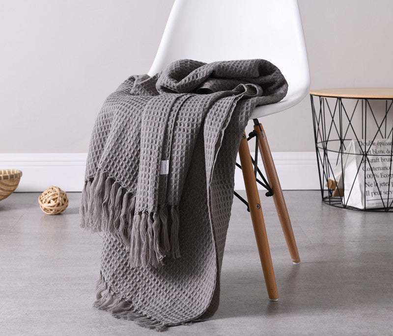 KTX-801363 Cozy Acrylic Plain Knitted Wool Blanket with Tassels - 130cm x 160cm