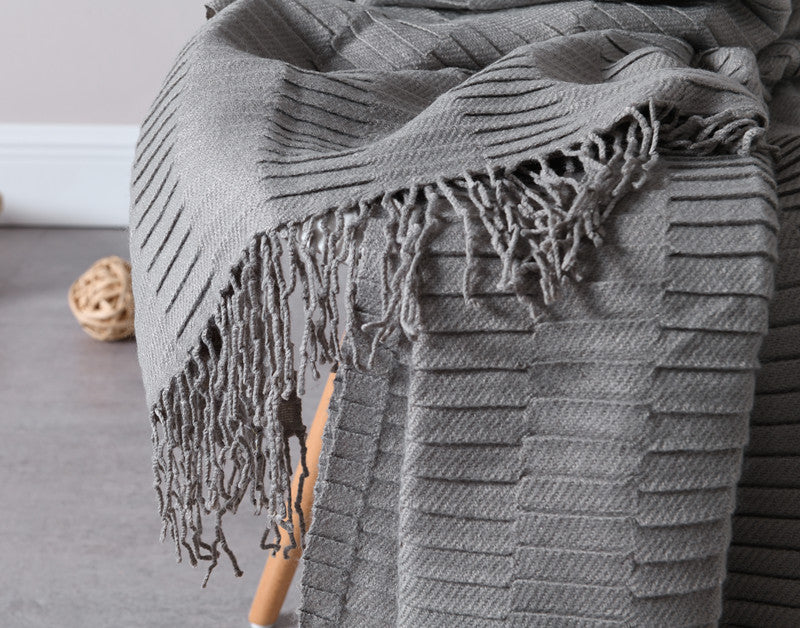 KTX-801363 Cozy Acrylic Plain Knitted Wool Blanket with Tassels - 130cm x 160cm