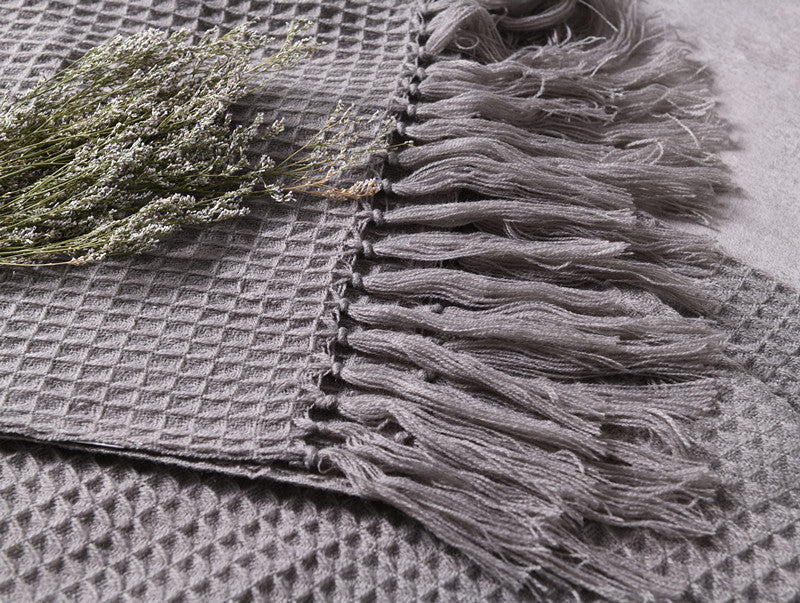 KTX-801363 Cozy Acrylic Plain Knitted Wool Blanket with Tassels - 130cm x 160cm