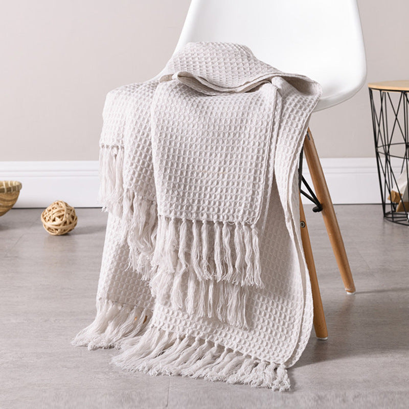 KTX-801363 Cozy Acrylic Plain Knitted Wool Blanket with Tassels - 130cm x 160cm