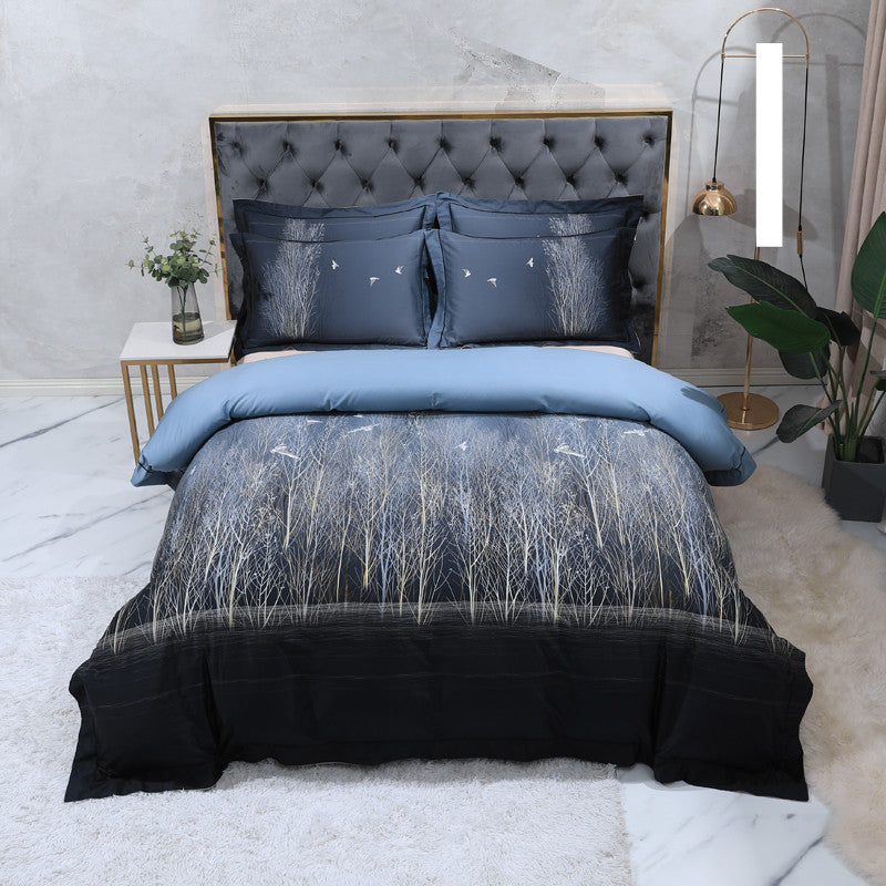 KTX-803347 Cotton Satin Digital Printed Four-Piece Bedding Set with Peacock and Floral Patterns