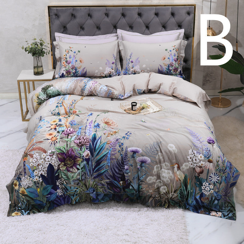 KTX-803347 Cotton Satin Digital Printed Four-Piece Bedding Set with Peacock and Floral Patterns