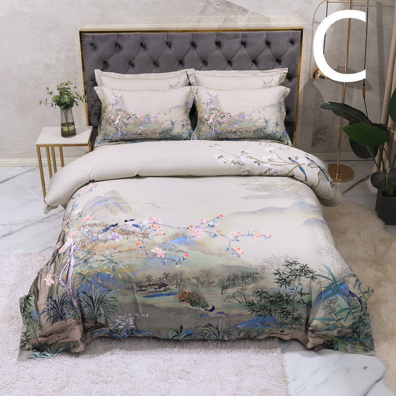 KTX-803347 Cotton Satin Digital Printed Four-Piece Bedding Set with Peacock and Floral Patterns