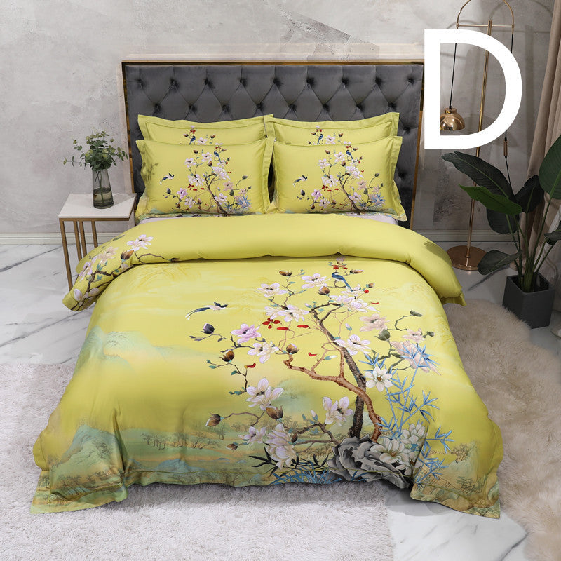 KTX-803347 Cotton Satin Digital Printed Four-Piece Bedding Set with Peacock and Floral Patterns