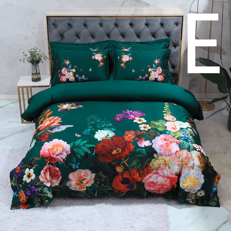 KTX-803347 Cotton Satin Digital Printed Four-Piece Bedding Set with Peacock and Floral Patterns