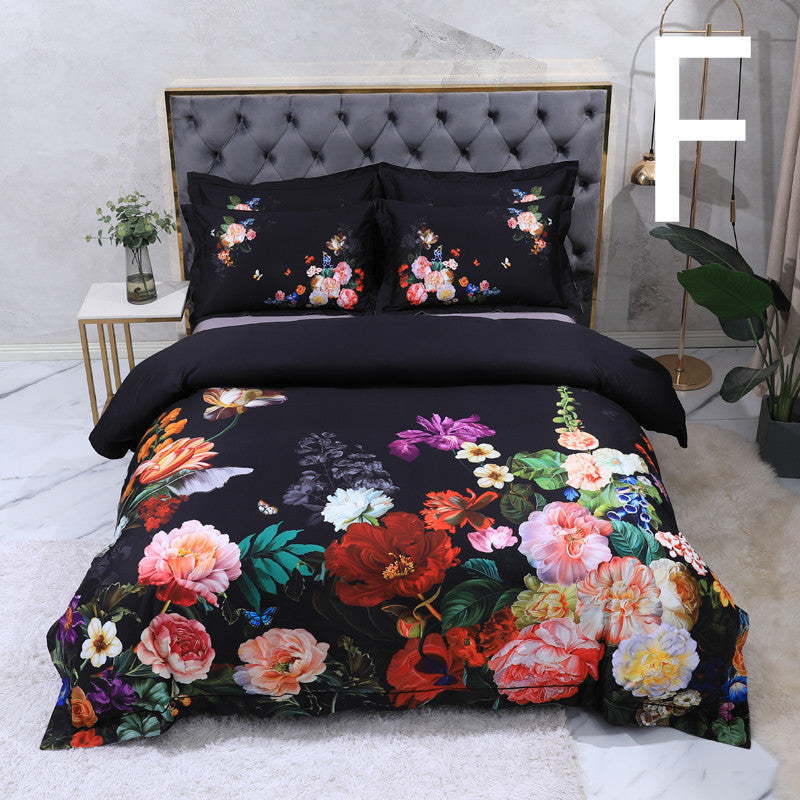 KTX-803347 Cotton Satin Digital Printed Four-Piece Bedding Set with Peacock and Floral Patterns