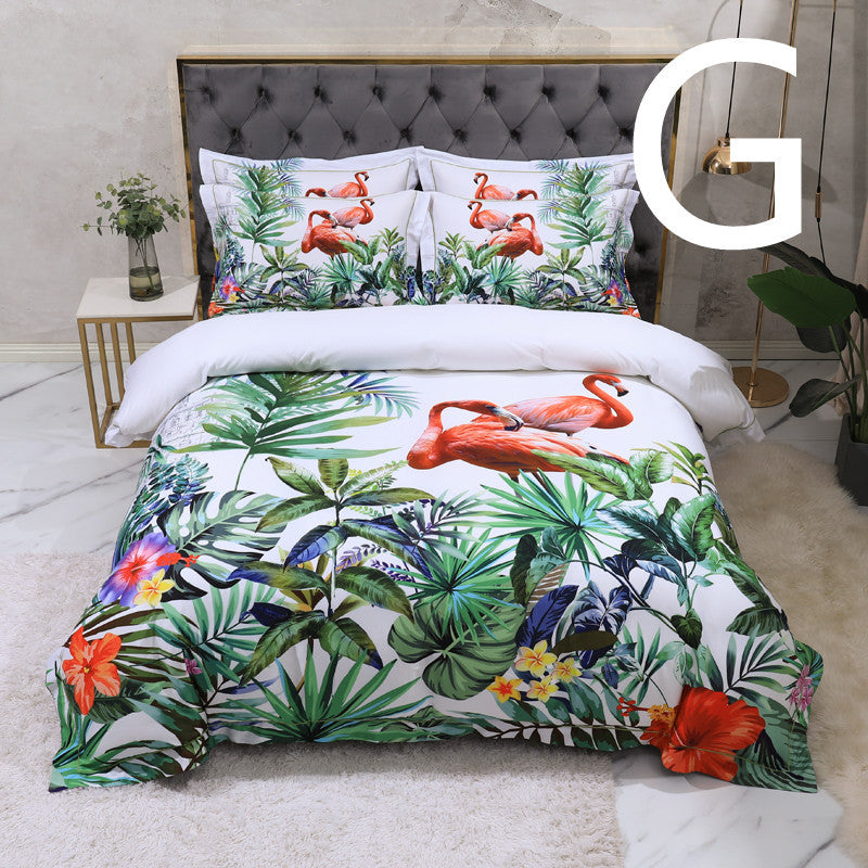 KTX-803347 Cotton Satin Digital Printed Four-Piece Bedding Set with Peacock and Floral Patterns