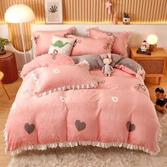KTX-804179 Milk Velvet Coral Fleece Reversible Quilt Cover Set with Pillowcase