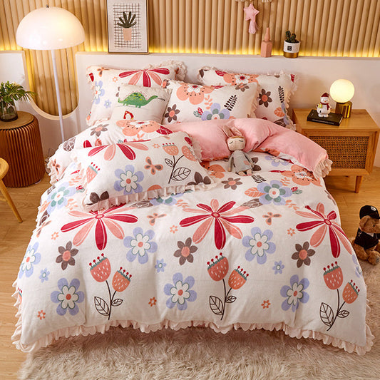KTX-804179 Milk Velvet Coral Fleece Reversible Quilt Cover Set with Pillowcase