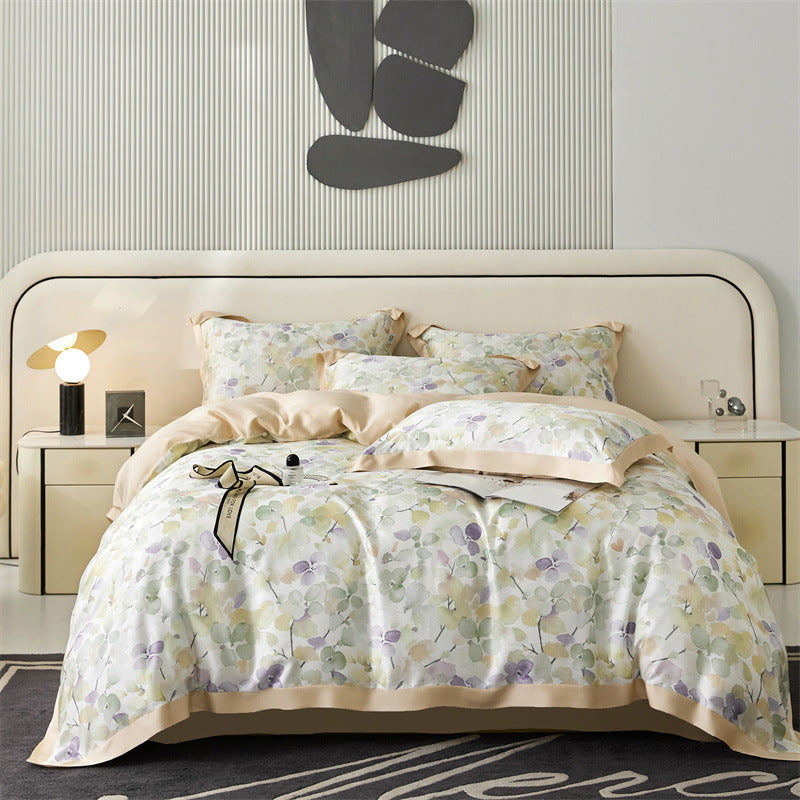 KTX-805651 Tencel Four-Piece Bedding Set with Plant and Flower Pattern for 1.5m to 2.0m Beds
