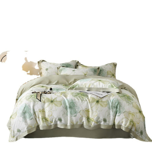 KTX-805651 Tencel Four-Piece Bedding Set with Plant and Flower Pattern for 1.5m to 2.0m Beds