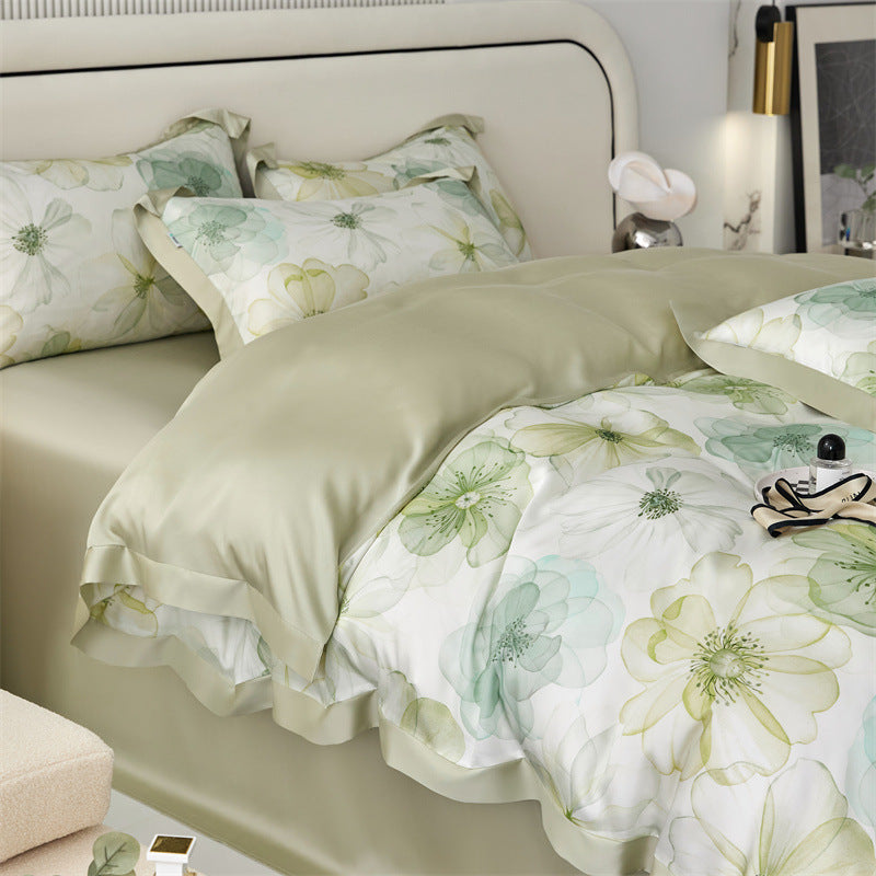 KTX-805651 Tencel Four-Piece Bedding Set with Plant and Flower Pattern for 1.5m to 2.0m Beds