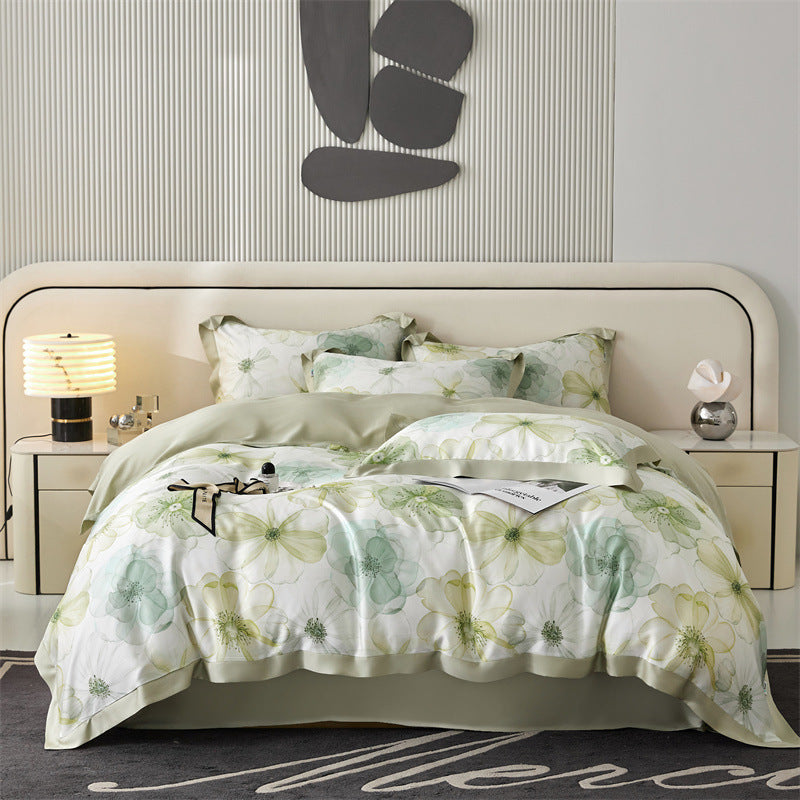 KTX-805651 Tencel Four-Piece Bedding Set with Plant and Flower Pattern for 1.5m to 2.0m Beds