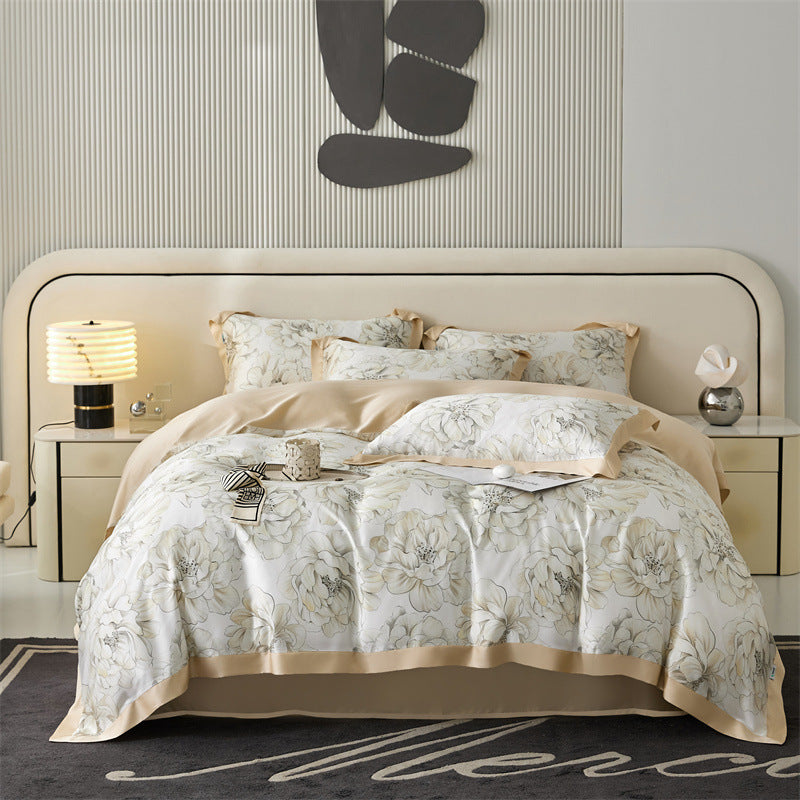 KTX-805651 Tencel Four-Piece Bedding Set with Plant and Flower Pattern for 1.5m to 2.0m Beds